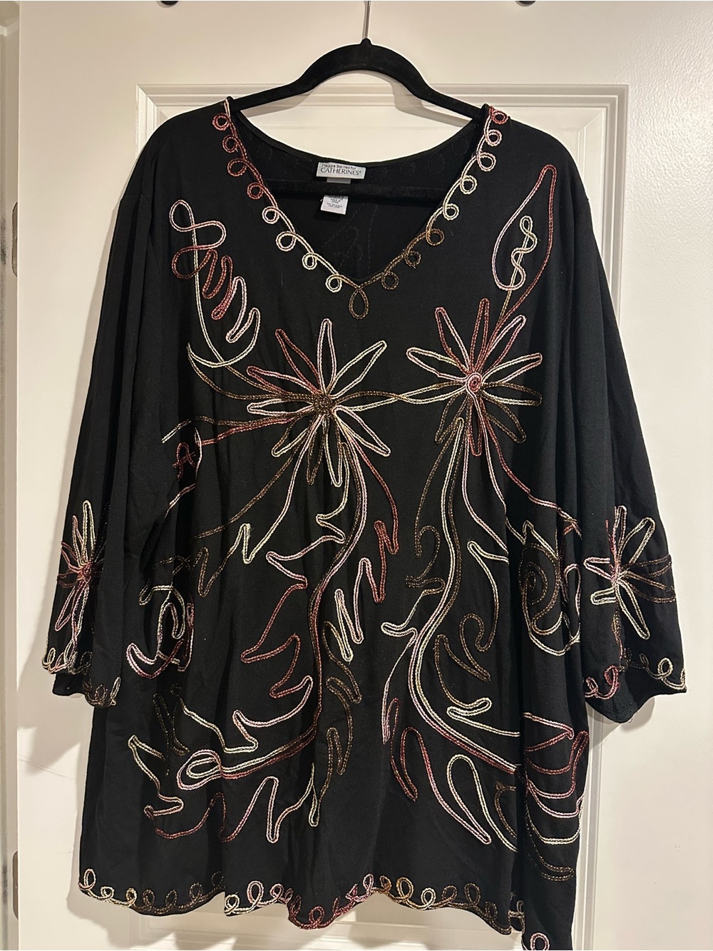 Catherines Black V-Neck Tunic with Metallic Floral Embroidery